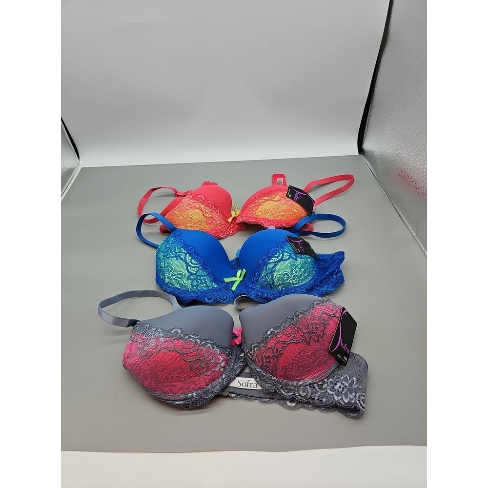 Sofra Bra 36B 38B Full Coverage Satin Lace Underwire Gray Blue Pink Lot of 3